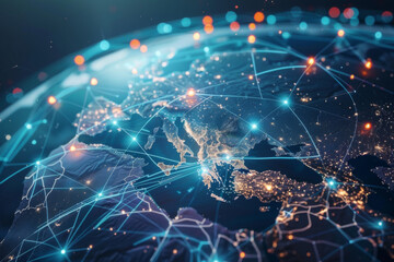 Poster - Map connecting worldwide data cloud computing tech concept abstract global transfer