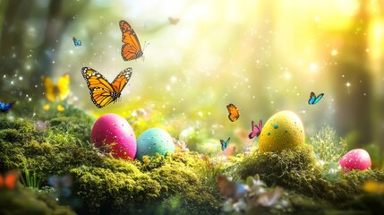 Poster - Colorful Easter eggs in an enchanted forest with moss, flowers, and butterflies.