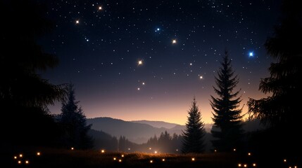 Wall Mural - night sky filled with stars over a serene forest landscape at dusk