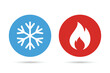 © Hunter Leader - Hot and cold icons. Fire and ice sign. Snowflake and fire flame icon. Heating and cooling button.
