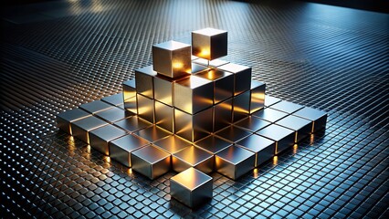 Poster - Minimal Abstract Composition of Cut Cubes with Gradient Colors on a Black Metal Floor in a 3D Render, Showcasing Contemporary Design and Artistic Aesthetics for Modern Spaces