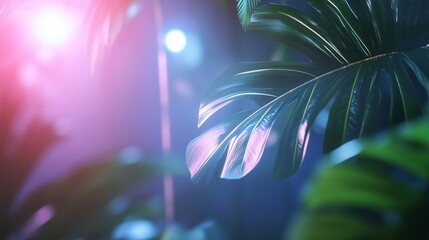 Poster - Lush green palm leaves illuminated by colorful lights in a vibrant, tropical setting