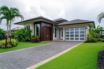 Wall Mural - Modern home with large windows, a tropical lawn, and a blend of wood and white front doors.