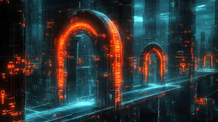 Poster - complex data stream flowing through a series of security checkpoints
