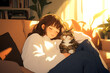 © Studios - A serene scene of a girl resting on a couch with a cat, illuminated by soft sunlight. Anime illustration