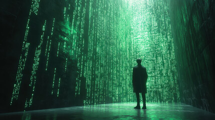 Poster - hacker in a dark room facing a wall of encrypted data, with green code