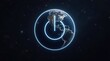 © Irene Kulinchyk - Planet Earth with neon blue power button symbol on a dark outer space background. Global environmental awareness and Earth Hour concept