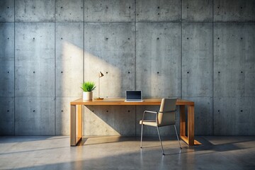 Poster - Minimalist Concrete Desk in a Modern Workspace with Textured Wall, Ideal for Contemporary Office Design and Productivity Inspiration