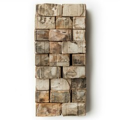 Poster - Close up of a vertical arrangement of aged bricks, showcasing their varied textures and colors against a white background