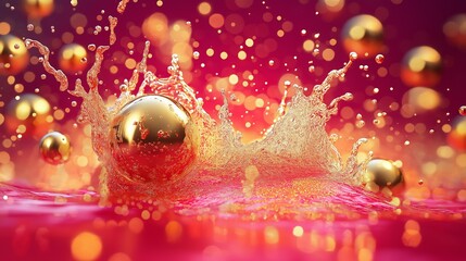 Aufkleber - Golden spheres and vibrant water splash with glowing bokeh lights on a red background. Concept of luxury, energy, and festive celebration.