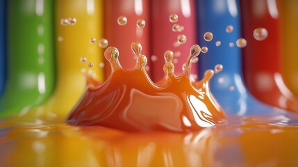 Aufkleber - Close-up of vibrant orange paint splash with colorful blurred background. Concept of creativity, color explosion, and fluid motion.