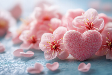Wall Mural - Pink pastel hearts and flowers, valentine or birthday greeting card