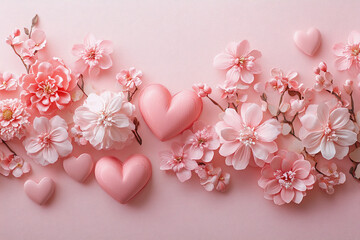 Wall Mural - Pink pastel hearts and flowers, valentine or birthday greeting card