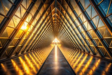 Poster - Minimalistic Tunnel with Triangular Dark Gold Floor Reflections, Glowing Geometry, and Depth Perspective in a 3D Rendered Landscape Photography Setting