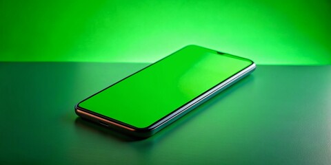 Poster - Mockup Smart Phone with Clean Green Screen Standing Sideways for Modern Digital Marketing and AI Generated Content Creation