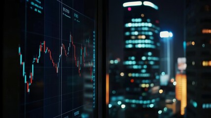 Sticker - A stock market graph with orange and blue colors, displaying sharp typography on an abstract cityscape background.