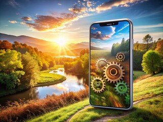 Poster - Modern Mobile Application Settings Interface with Cogwheel Design in a Futuristic Landscape Setting for Enhanced User Experience and Functionality on Smartphones