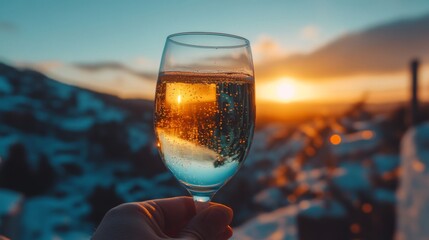 Poster - A glass of champagne at sunset reflecting the beautiful sky