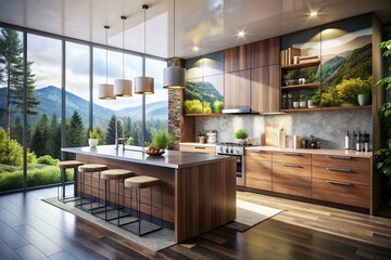 Poster - Modern Wood and Lacquer Kitchen Cabinet Design in Double Exposure Photography Showcasing Stylish Interiors and Contemporary Aesthetics for High-End Home Renovations
