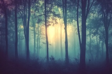  Mystical forest with tall trees in foggy weather. AI generated illustration