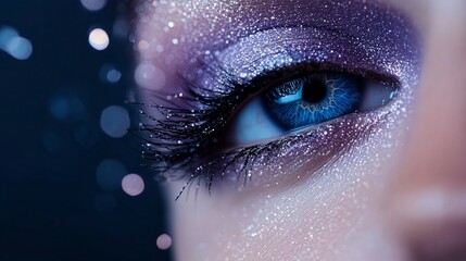 Poster - Close-up of a sparkling blue eye with shimmer makeup reflecting light in an artistic display