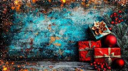 Wall Mural -   A painting of Christmas with presents on a table and a Christmas tree in the corner of the image