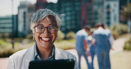 Poster - Face, tablet and business woman at hospital for medical, claims consultant and healthcare insurance broker. Smile, results and advisory with mature person in outdoors of clinic for policy update