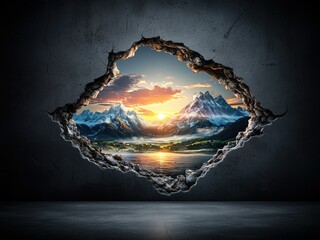 Wall Mural - Black cracked concrete wall and mountains landscape sunset inside