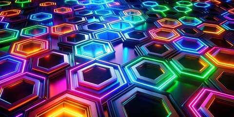 Poster - Night Photography Abstract Geometric Hexagon Pattern - Multicolored, Luminous, Illuminated