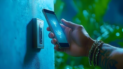 Poster - Close-Up of Man Pressing a Light Switch with Smartphone in a Lush Green Setting