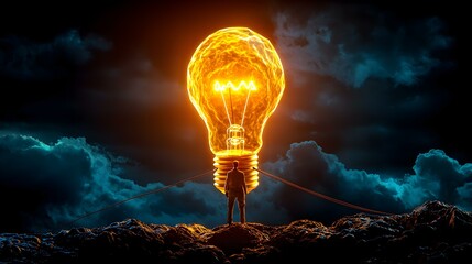 Poster - Creative Business Challenge with Illuminated Light Bulb Concept in Dark Cloudy Sky