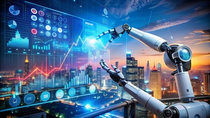 Poster - Night Photography of a Robotic Arm Managing Digital Financial Data Amidst a Futuristic Cityscape, Highlighting Technology and Innovation in Finance