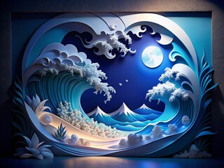 Poster - Night Photography of Abstract White Papercut Wave Design with Soft Lighting and Shadows Creating a Serene Atmosphere for Modern Art and Interior Decor Inspiration