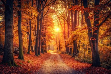 Wall Mural - Vintage Style Sunset Over a Serene Forest Pathway in Autumn with Golden Leaves and Soft Light for Captivating Nature Photography