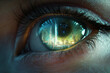 © ALL YOU NEED studio - A close-up shot of a human eye with a vibrant blue-green iris. The reflection of a futuristic city skyline is clearly visible in the pupil. The eye is highly detailed with sharp eyelashes
