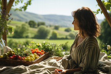 Enjoying serene beauty of a green landscape while indulging in a delightful picnic, complete with a checkered blanket and a scrumptious spread