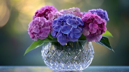 Wall Mural - Hydrangea blooms in a crystal glass vase