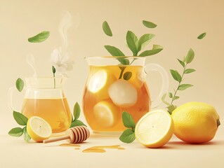 Wall Mural - Two glass pitchers of lemon tea with honey and lemon slices on a pastel yellow background.