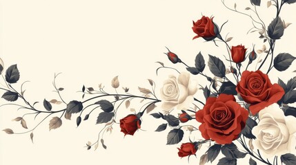 Wall Mural - Elegant Red And White Roses Floral Branch Design