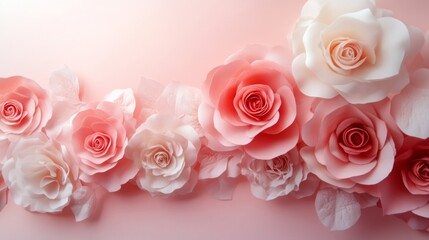 Wall Mural - Delicate Pink Paper Roses Arranged on Pink Background