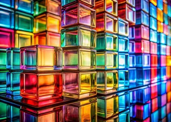 Poster - Panoramic View of a Spectrum of Stacked Multicolored Glass Blocks Reflecting Light in a Kaleidoscope of Colors in an Artistic Display for Abstract and Modern Design Concepts