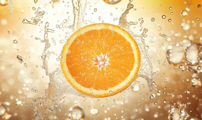 Close-up of a juicy orange slice splashing in water, vibrant and refreshing.