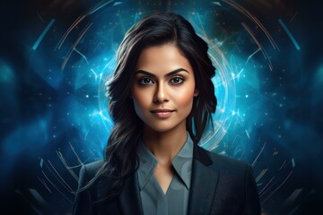 Aufkleber - Businesswoman stands confidently amidst a futuristic digital backdrop, representing the integration of technology and business in a modern world