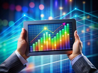 Poster - Professional Product Photography of a Hand Holding a Tablet with Colorful Line Graphs for Financial Data Analysis, Showcasing Business Insights and Analytics Techniques