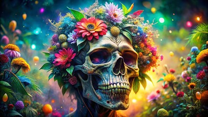 Poster - Psychedelic Double Exposure of a Gorilla Skull Merging with Vibrant Nature Elements for an Artistic and Surreal Visual Experience