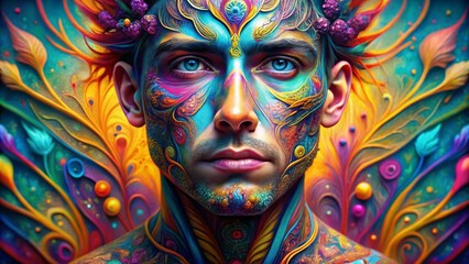 Poster - Psychedelic Portrait Photography of a Human Face with Vibrant Colors and Abstract Patterns for Artistic Exploration in Surreal Visuals