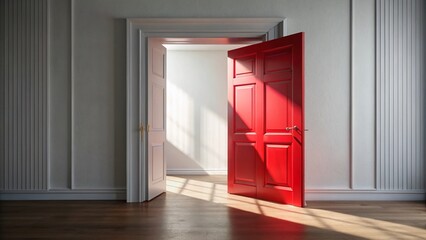 Poster - Realistic 3D Rendering of a White Wall Featuring an Open Red Door and a Closed Door, Capturing Depth and Texture in a Striking Interior Scene