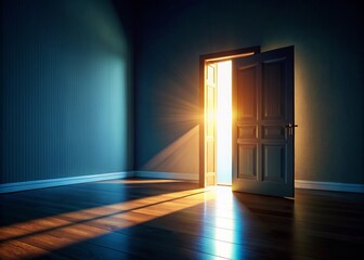 Poster - Realistic 3D Rendering of Light Streaming Through an Open Door into a Dark Room, Capturing the Contrast Between Brightness and Shadows for Interior Design Concepts
