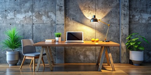 Poster - Realistic 3D Rendering of a Stylish Workspace Table Against a Concrete Wall, Perfect for Documenting Modern Office Environments and Creative Designs