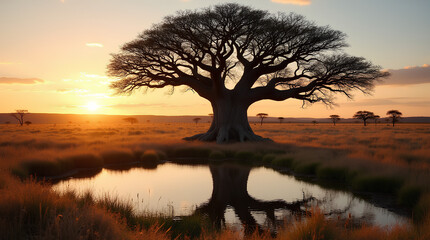 Wall Mural - baobab tree and sunset